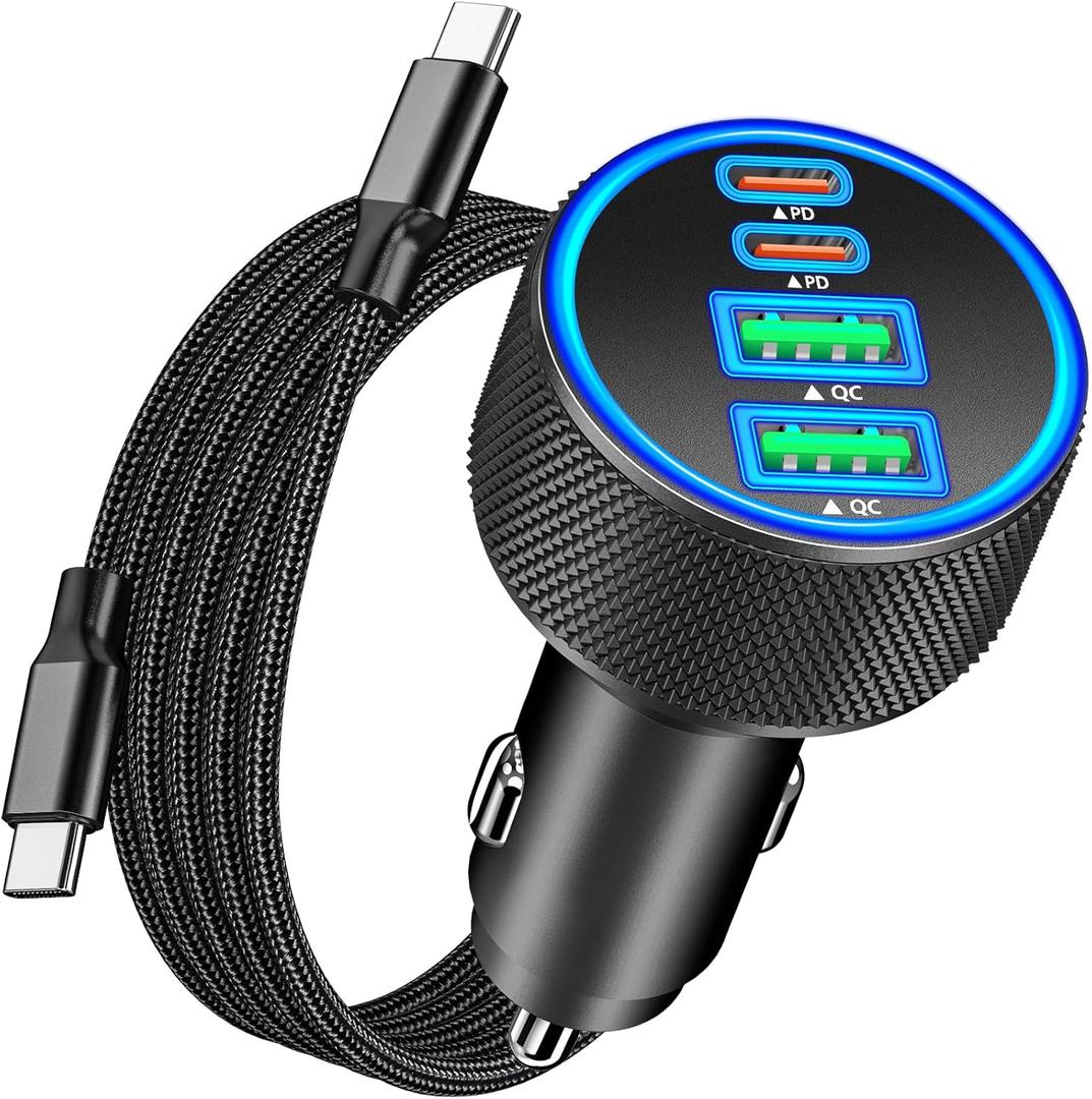 [Apple MFi Certified] iPhone 17 Car Charger Fast Charging, KYOHAYA 4-Port 90W USB-C&USB-A Power Cigarette Lighter PD/QC USB-C Car Charger + Type-C Braided Cord for iPhone 17/17 Pro/16/15/Galaxy/Pixel