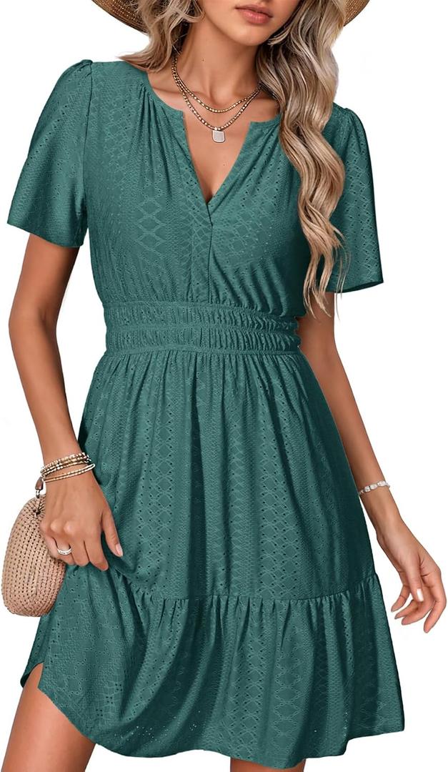 Simplee Womens 2026 Summer Mini Dress Eyelet Short Sleeve Cocktail Short Dresses Cute A Line Sun Dress with Pockets (Green, L)