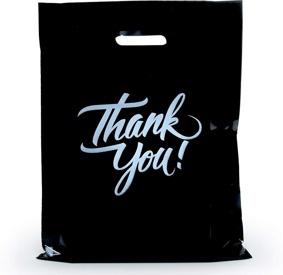 Infinite Pack Thank You Merchandise Bags, Die Cut Handles, Retail Shopping Bags for Boutique - Choose Color & Size (9" X 12", PACK OF 500, Black)