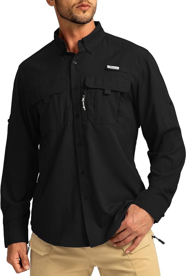 Men's Sun Protection Fishing Shirts Long Sleeve Travel Work Shirts for Men UPF50+ Button Down Shirts with Zipper Pockets (XX-Large, Black)