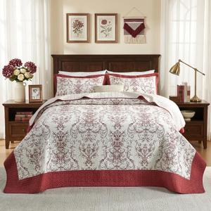 Vintage Floral Queen Bedspread - 102"x120" 100% Cotton Oversized Queen Quilt, French Country Damask Quilted Bedding Set Lightweight Soft Comforter All Season, 3 Piece, Burgundy/White