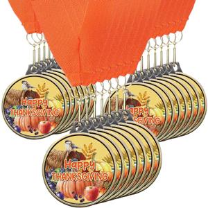 Happy Thanksgiving Medals Bulk with Neck Ribbons, 2 Inch Autumn Harvest Pumpkin Trophies for Thanksgiving Family Games, Contests, Fall Holiday Party Prizes