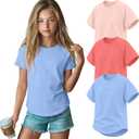 3 Pack Girls' Short Sleeve T-Shirts Loose Fit Crew Neck Tops Raglan Curve Hem Shirts Casual Kids Basic Tees 5-14Y