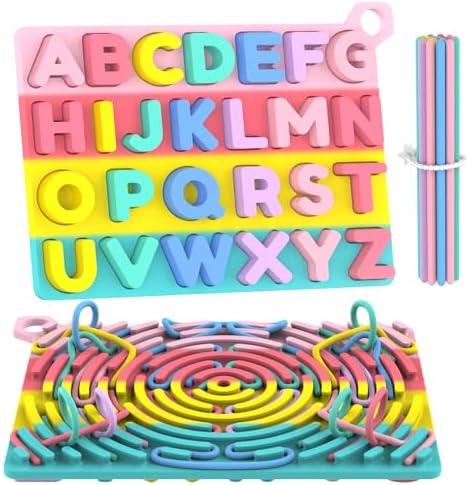 Pack of 2, Silicone Alphabet Puzzle, ABC Letter Puzzle for Toddlers 1 2 3 4 5 Year Old, 2 in 1 Learning Toys with Alphabet Board & Letter Blocks, Preschool Puzzles Educational Toys for Kids