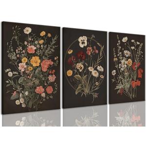 TUEASKY 3 Piece Dark Floral Canvas Wall Art Vintage Botanical Wall Art Moody Flower Decor Black Wildflower Art Prints for Living Room Bedroom Office 16x24in Framed