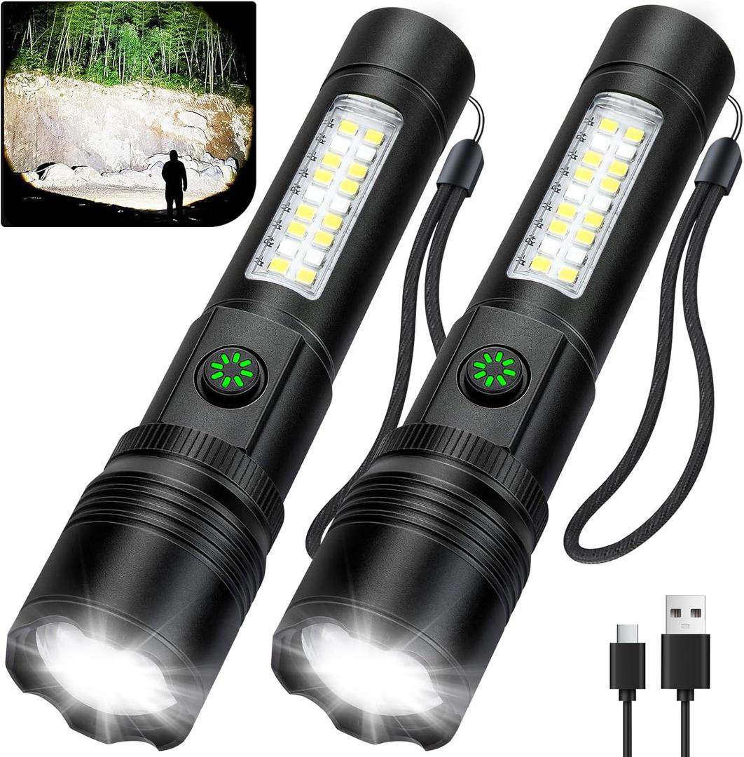 Flashlight Rechargeable Flashlights High Lumens, 99,000 LM Bright LED Flashlight Powered Flash Light, USB Rechargeable Flashlights & Waterproof Handheld Flash lights for Home Camping Hiking(2 Pack)