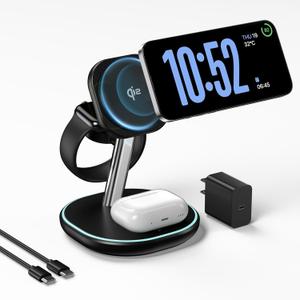Qi2 3 in 1 Wireless Charging Station, Certified 15W Fast Wireless Charger for iPhone 16/15/15 Pro/14/13/12, Apple Watch, AirPods, Magnetic Charger for iPhone with Sleep Friendly Light (Black, Qi2)