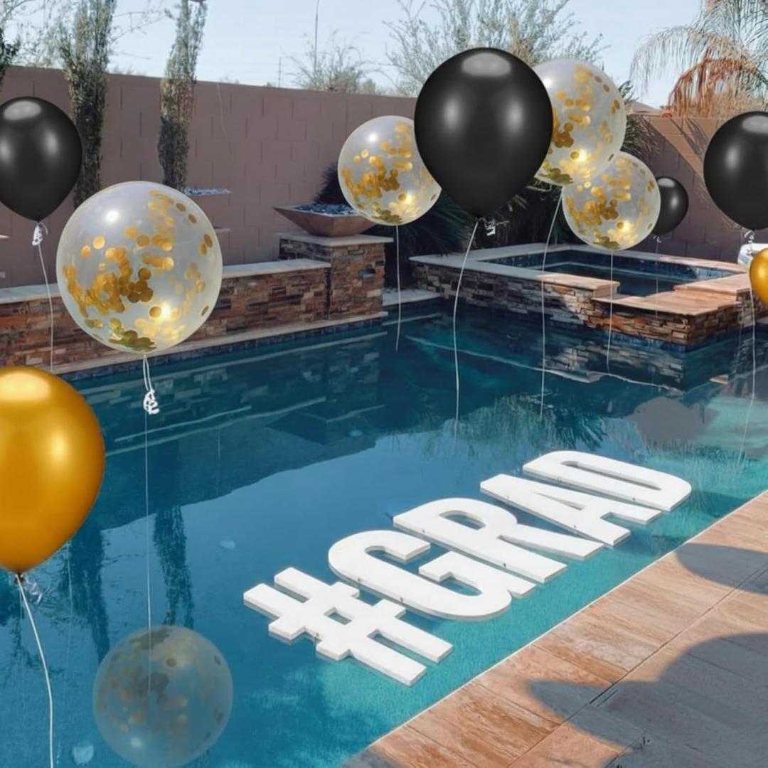 13 Pcs 12/18 Inch 2026 Graduation Pool Balloons Kit Floating Pools Balloon Party Decoration Graduation Balloons with Weights Nylon Rope for Pool Birthday Party Supplies(Glitter Gold Matte Black)