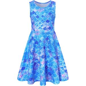 Funnycokid Girls Dress Summer Sleeveless Sundress Birthday Outfit Twirly Mermaid Party Kids 4-15 Years (Blue, L)