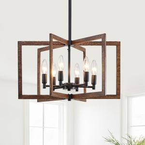 Modern Farmhouse Chandelier, 20'' Black and Wood Grain Dining Room Light Fixture, Geometric Pendant Light for Living Room Kitchen Bedroom Hallway, 6-Light Adjustable Hanging Lamp