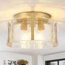 Gold Semi Flush Mount Ceiling Light,15''Modern Hallway Light Fixtures Ceiling Mount,3-Light Drum Glass Ceiling Lights for Kitchen Entryway Foyer Dining Room Bedroom Laundry