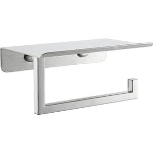 JQK Toilet Paper Holder Shelf, Bathroom Tissue Roll Holder with Phone Shelf, 5 Inch 304 Stainless Steel Tissue Paper Dispenser, Brushed Finished Wall Mount, TPH202-BN-T