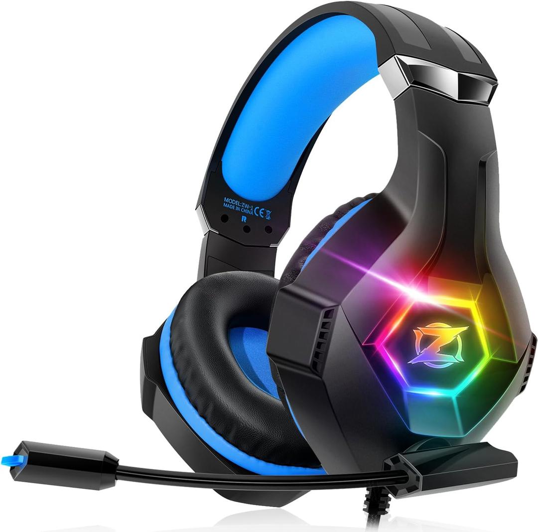Ozeino Gaming Headset for PC, Ps4, Ps5, Xbox Headset with 7.1 Surround Sound, Gaming Headphones with Noise Cancelling Mic RGB Light Over Ear Headphones for Xbox Series X/S, Switch-Blue