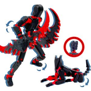 (Assembly Completed) T13 3D Action Figure Set, Dummy Robo Titan 13 Action Figures,3D Printed Multi-Jointed Toy (Black Red + Dog)