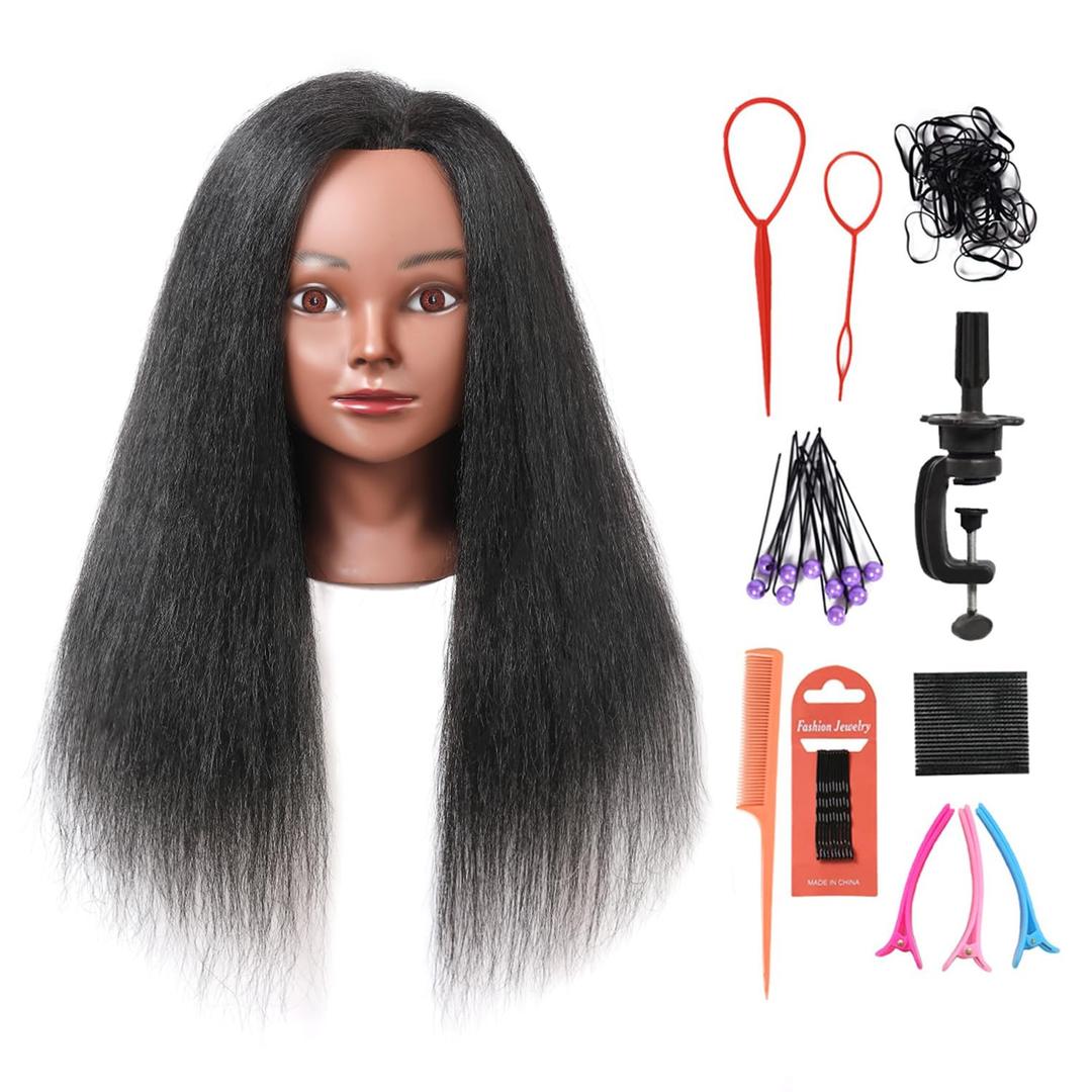 Mannequin Head with 100% Real Hair, 16" Cosmetology Mannequin Manikin Training Practice Doll Head for Hairdresser Braiding Hair Styling Hairdressing with Clamp Holder- Black