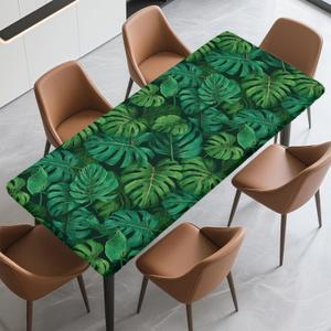 Rectangle Table Cloth with Elastic Edge Waterproof Stain-Resistant Wipeable Fitted Table Cover Fits 6 Foot Tables for Dining, Camping, Outdoor, 72" x 30" (Palm Leaf)