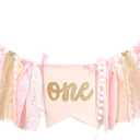 Highchair Banner 1st Birthday - Pink Happy Birthday Banner Party Decorations for First Birthday,Best Princess Photo Props for Baby Girl(Swan)