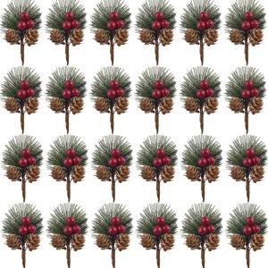 TIHOOD 25PCS Artificial Pine Picks, Pine Needles Branches with Red Berry Stems, Small Fake Berries Pinecones Branches for Crafts Christmas Tree DIY Garland Holiday Wreath