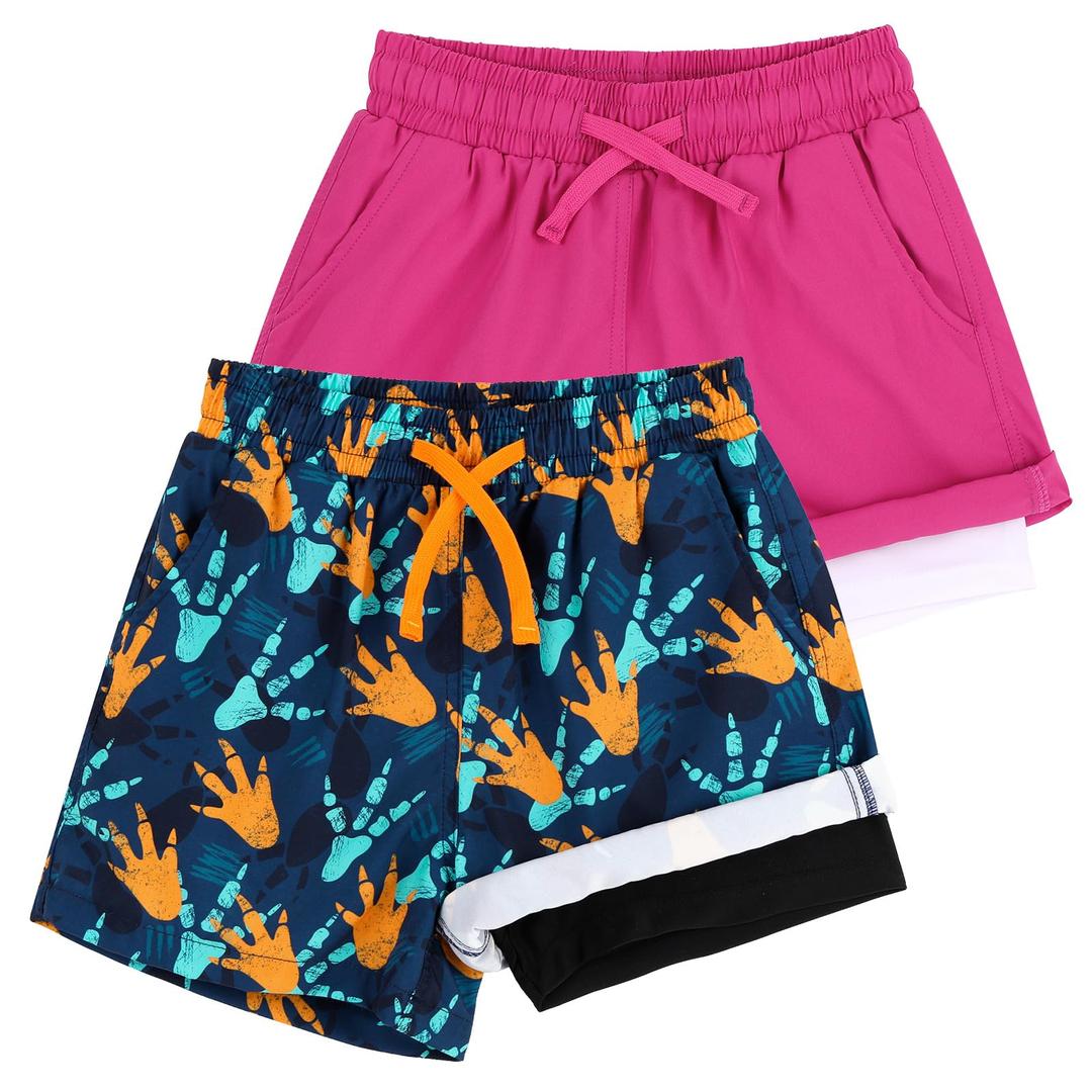 KAKU NANU Boys Swim Trunks Compression Liner Bathing Swimsuit Quick Dry Boxer Brief Beach Board Shorts with Pockets 4T (Rose & Royal Blue)