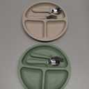 Baby Feeding Set, 2 Pack Silicone Baby Plates with Suction, 2 Pack Spoons and Forks Set for Toddler Utensils, BPA Free, Baby Led Weaning Supplies for Eating Essentials (Green, Pink)