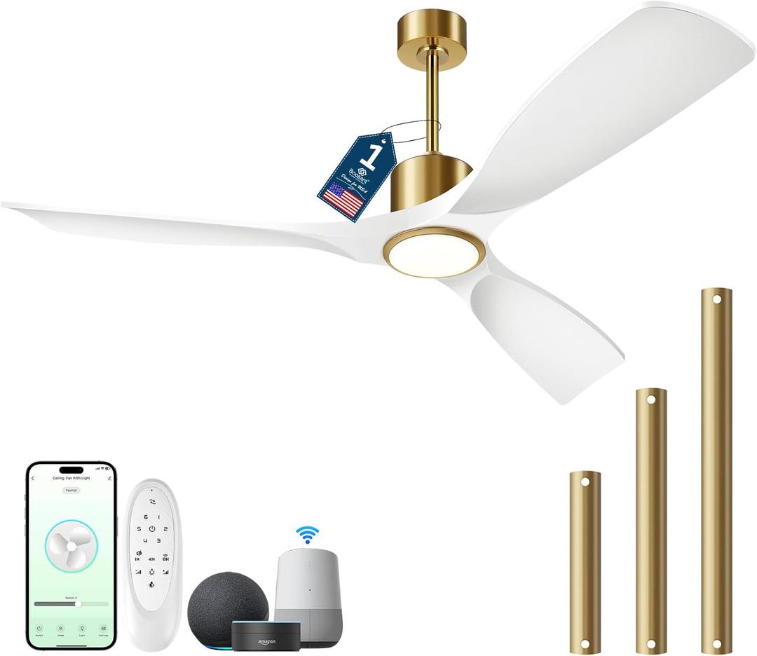 Ceiling Fans with Lights, Ceiling Fans with Lights and Remote Control, 52 inch Modern Smart White and Gold Ceiling Fan, Outdoor Ceiling Fans for Patios 3 Blade Bedroom FarmhouseWhite