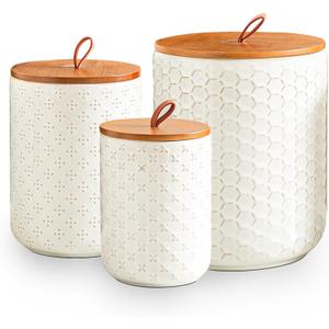 JOJUNO White Ceramic Canister Set with Wooden Lids  3-Piece Airtight Food Storage Jars for Kitchen, Embossed Design, Small/Medium/Large Sizes (30/48/82 oz)  Flour, Sugar, Coffee, Tea Containers