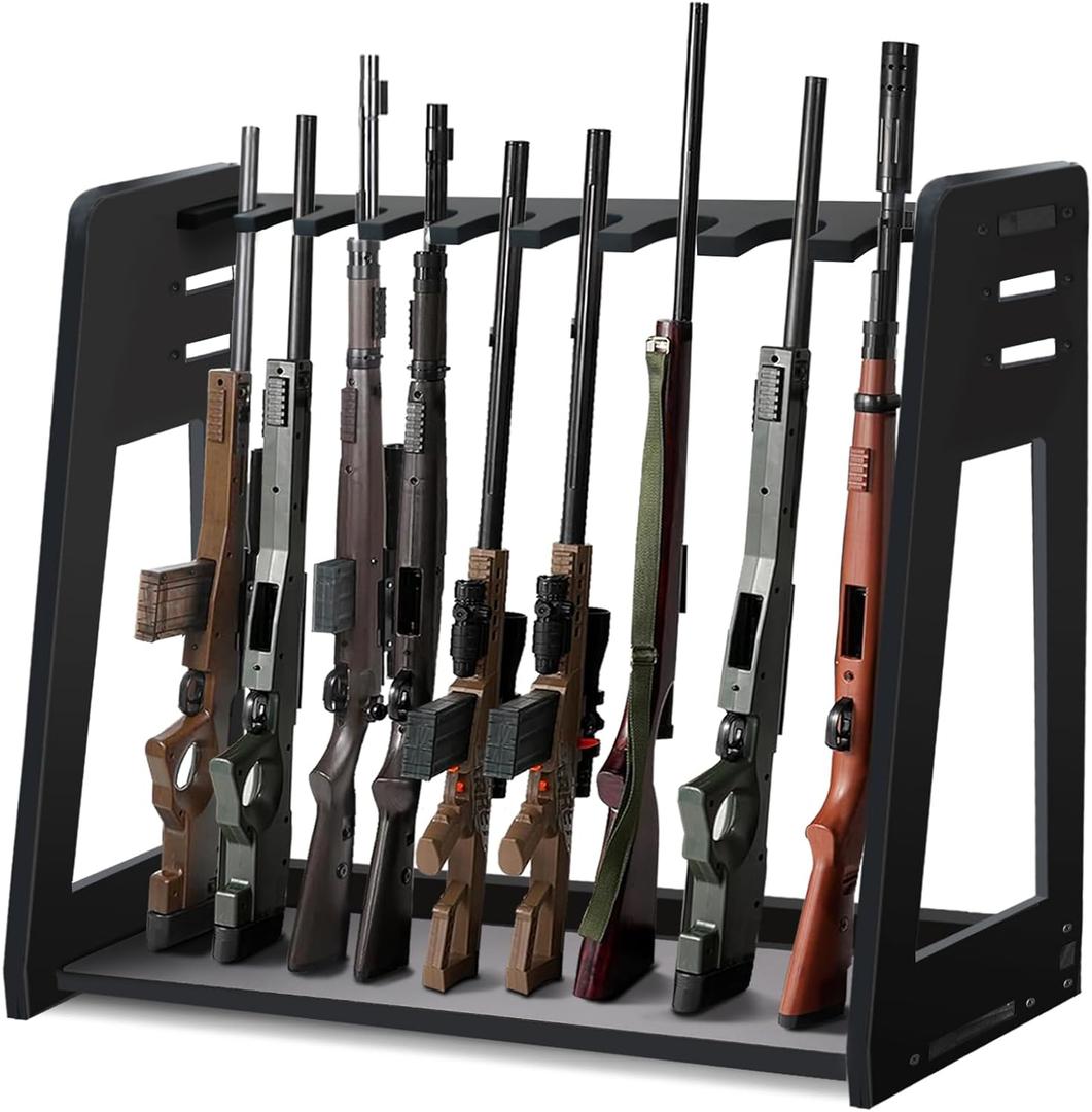 Gun Rack Stand Indoor, Upgraded Wooden Floor Rifle Rack Stand, Height-Adjustable Gun Display Rack Holds up to 9 Long Guns and 8 Handguns, 9 Slots