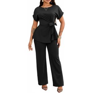 Ekaliy Women's 2 Piece Outfits Short Sleeve Peplum Top Flared Pant Business Suit Set Dressy Pantsuits (Black, XXL)