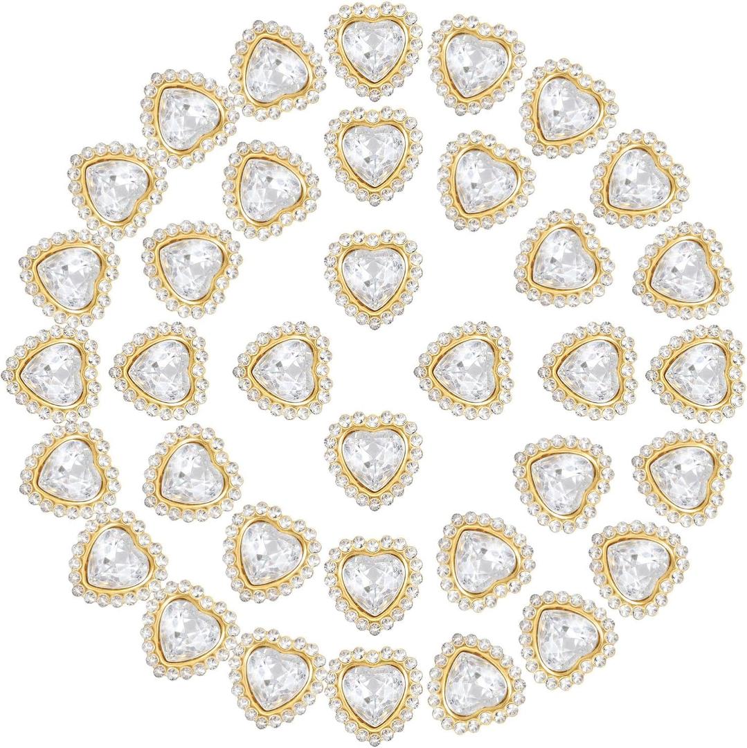 PATIKIL Heart Rhinestones Buttons, 40Pcs 16mm Sew on Rhinestones Crystal Heart Nail Charm Embellishment Flatback Diamond for Sewing DIY Clothing Wedding, White