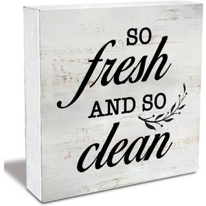 So Fresh and So Clean Wood Box Sign Rustic Wooden Box Sign Farmhouse Home Bathroom Laundry Room Desk Shelf Decor (5 X 5 Inch)