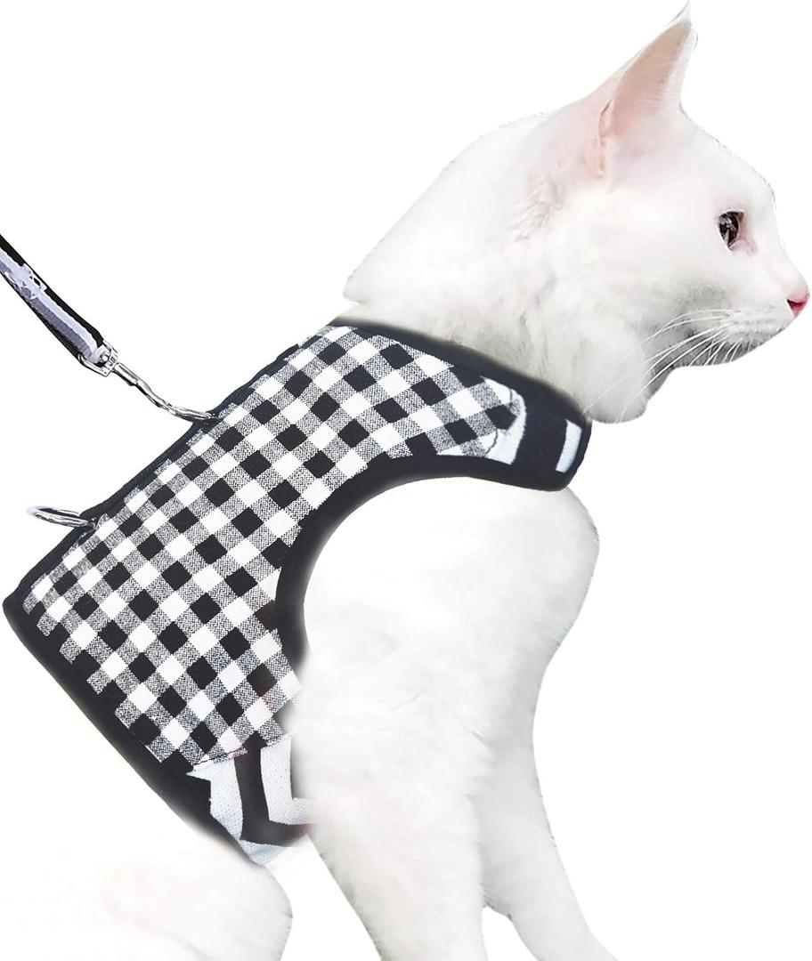 Cat Harness and Leash for Walking Escape Proof, Adjustable Cat Vest Harness, Padded Stylish Cat Walking Jackets, Black Plaid, Large (L 8-12LBS)