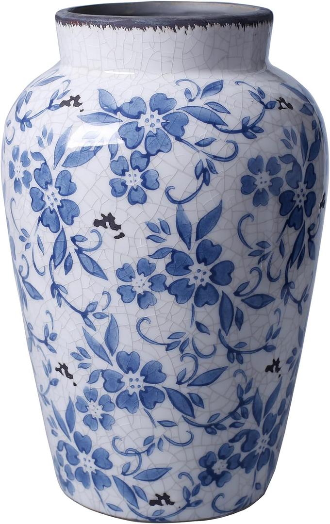 Vintage Blue and White Vase Porcelain Flower Vase Ceramic for Home Decor Rustic 9.7" H (Large)