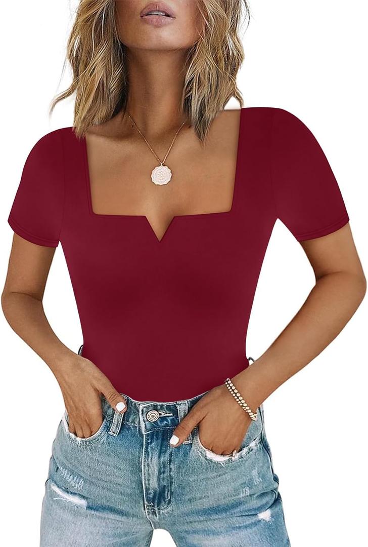 Chunpin Women's Short Sleeve Bodysuit Square Neck Notch V Neck Bodysuits Double Lined Tops Going Out Outfits Thong Bodysuits (X-Large)