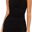 Women Boat Neck Bodycon Mini Dresses Going Out Dress Ruffle Mesh Sleeveless Short Elegant Club Cocktail Party Dress (Large, Black)