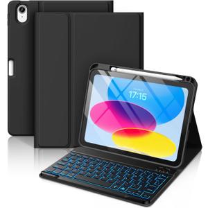 Hamile for iPad 11th 10th Generation Case with Keyboard - 7 Colors Backlit Wireless Detachable Folio Keyboard Cover with Pencil Holder for iPad 11-inch A16 2025 10th Gen 10.9 Inch 2022 (Black)