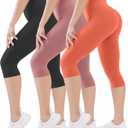 FEYHAY 3 Pack Capri Leggings for Women - High Waisted Yoga Pants with Pockets, Buttery Soft Stretchy Workout Running Cycling (Small-Medium, Black/Pink/Orange Red)