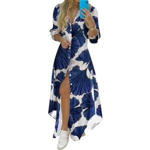 YMING Womens Long Sleeve Button Down Shirt Dresses Casual Floral Print Maxi Dress Loose Fit Split Blouse Dress (Navy Blue), XL