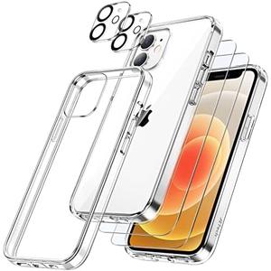 JETech 5 in 1 Case for iPhone 12 6.1-Inch, with 2-Pack Screen Protector and Camera Lens Protector, Non-Yellowing Shockproof Bumper Phone Cover, Full Coverage Tempered Glass Film (Clear)