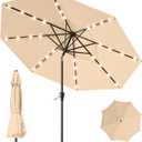 9FT Patio Umbrella with Solar Lights,Outdoor Market Umbrella with Tilt and Crank, LED Lighted Table Umbrella for Garden,Deck,Backyard,Pool,Beach (Khaki)