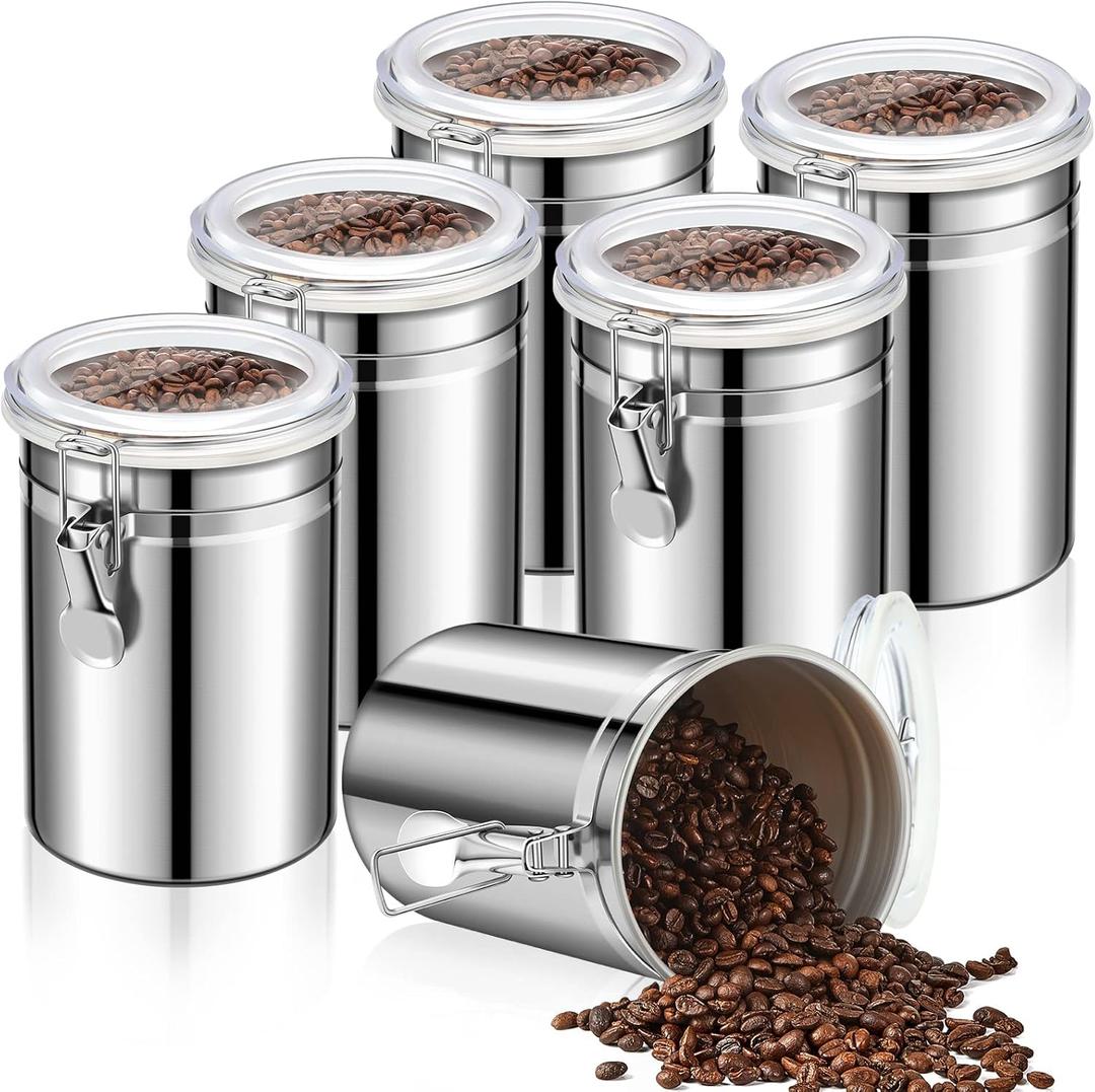 Lallisa 6 Pcs Stainless Steel Kitchen Canister 62 fl oz with Airtight Clear Clamp Lid, Metal Food Storage Container Set for Coffee Bean Ground Coffee Flour Sugar Spice Tea Cereal Snack Candy Pantry