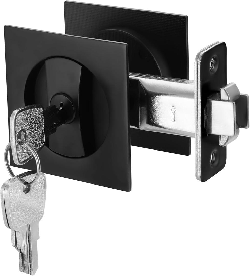 Malimali Pocket Door Lock, Pocket Door Hardware Square Door Lock for Privacy Sliding Door Bifold Door Locks and Pulls Handles Replacement Hardware (Matte Black, Entry Lock with Key)