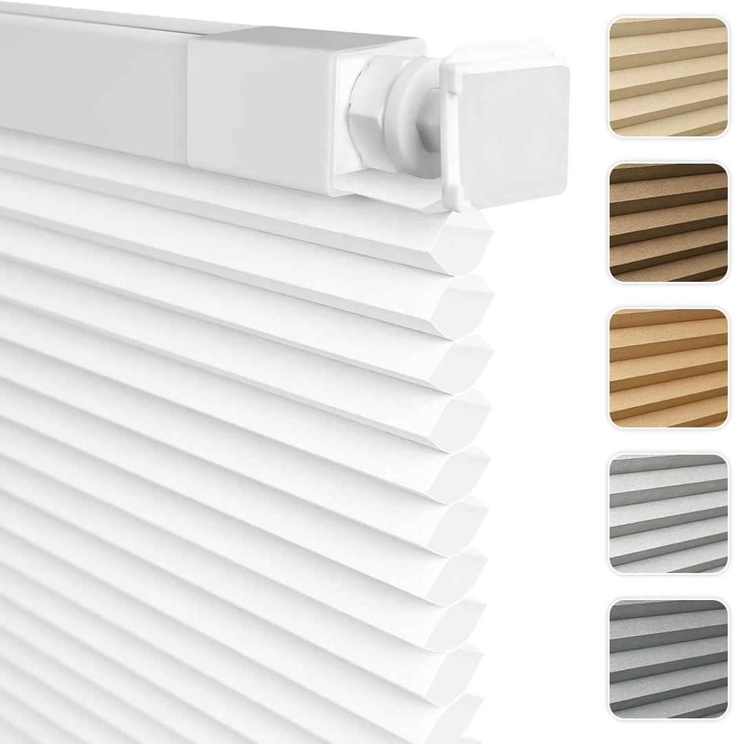 Shade&Beyond No Drill No Tools 34" W X 48" H Cellular Shades for Indoor Windows, Thermal Insulating & Noise Reducing Honeycomb Blinds, Cordless Free Stop Blinds Light Filtering, White(Custom Size)