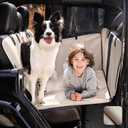Back Seat Extender for Dogs，Heavy Duty Leatherette Dog Car Seat Cover for Back Seat ，Wash-Free Hard Bottom Dog Hammock for Car Holds 500lbs，Travel Dog Bed for Car SUV Truck-Ivory/Nappa