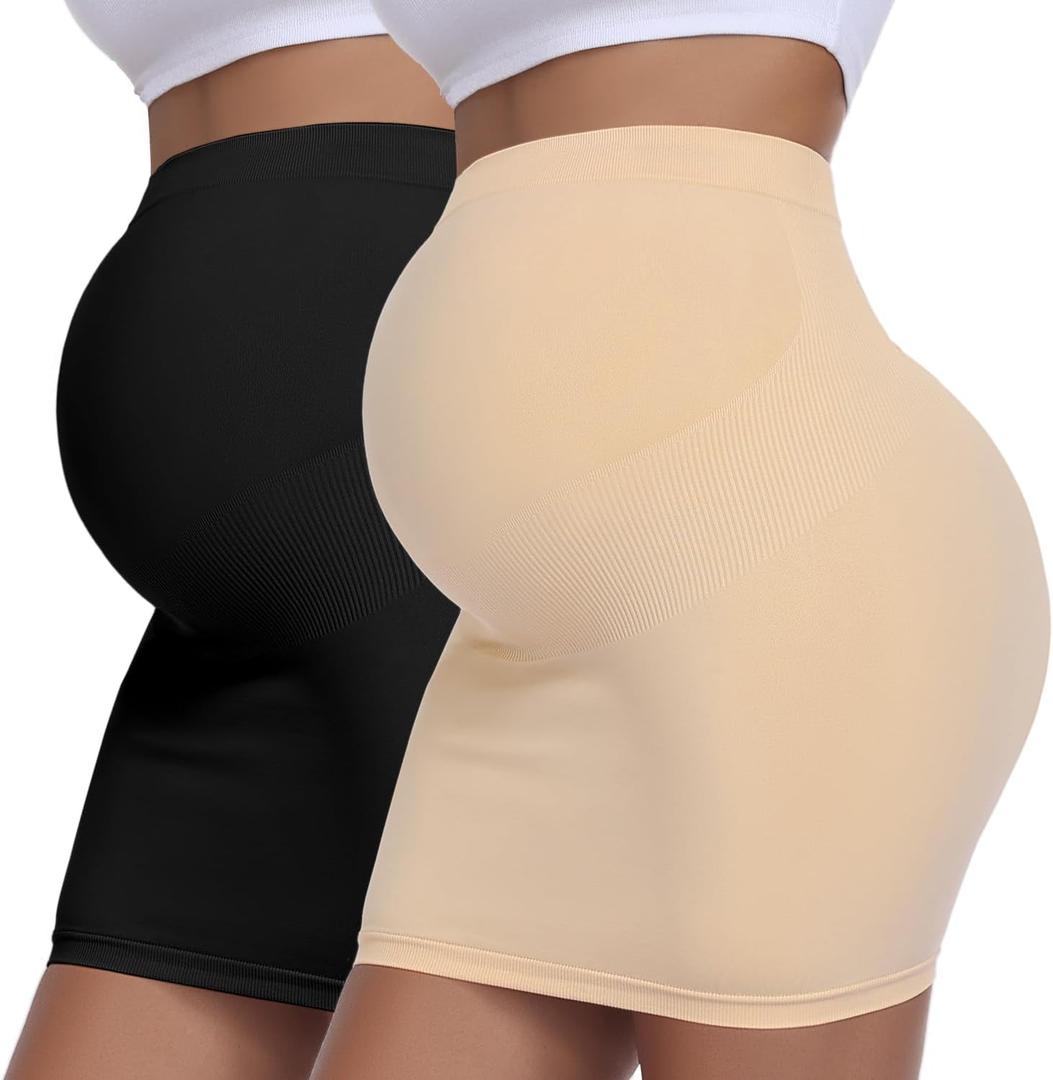 Women's Maternity Pencil Skirt Over Belly, High Waisted Solid Stretchy Pregnancy Shapewear Dress Bump Support 2-Pack