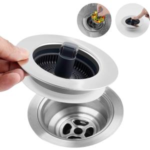 Hibbent 3 in 1 Kitchen Sink Drain Strainer, Stainless Steel Wrapped Shell Drain Stopper Combo, Pop Up Sink Stopper, Anti-Clogging Basket Strainer with Foldable Handle for US Standard 3-1/2" Drain