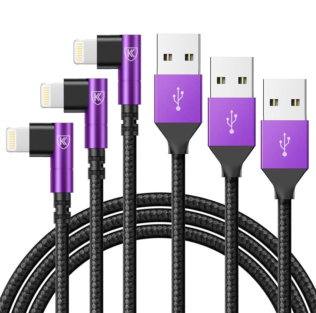 10ft iPhone Charger Cable,3Pack 90 Degree Charging Cable, [Apple MFi Certified] Long Lightning Cable Fast Charging Cord Compatible for iPhone 14/13/12/11/Pro/Max/Mini/X/Plus/8/7/6/Plus/ - Purple