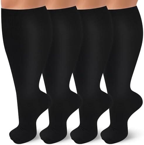 TZYSOKC 4 Pairs Plus Size Compression Socks for Women and Men 20-30 mmHg Wide Calf Extra Large for Circulation Support TZYSOKC 4 Pairs Plus Size Compression Socks for Women and Men 20-30 mmHg Wide Calf Extra Large for Circulation Support