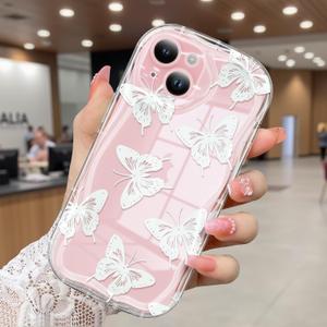 Compatible for iPhone 15 Case, Pretty Butterfly Print Three-Dimensional Wave Clear Case for Girls Women, Soft Full Package Anti-Fall Cover for iPhone 15, White Butterfly