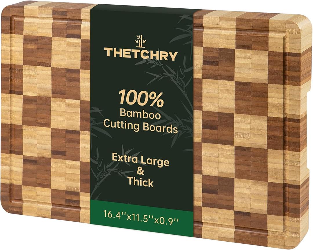 Bamboo Cutting Boards for Kitchen, End Grain Wood Cutting Board with Juice Grooves & Handles, Charcuterie Checkered Chopping Board Thick Butcher Block Serving Tray with Gift Box, 16.4"11.5" 1"