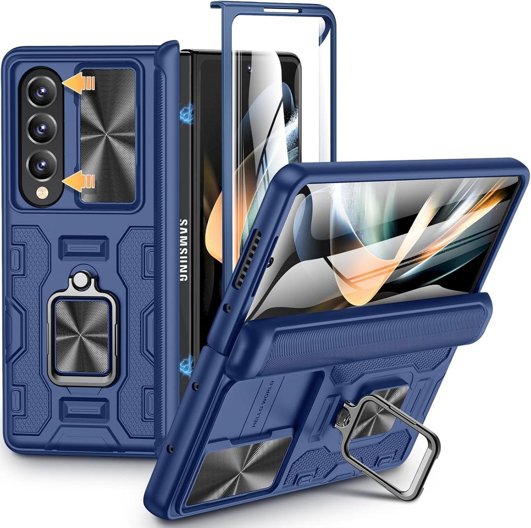 VEGO for Galaxy Z Fold 4 Case, with Slide Camera Cover & Hinge Protection Protective [Screen Protectot] 360Magnetic Kickstand Case for Samsung Galaxy Z Fold 4 5G-Blue